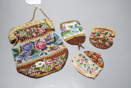 An early 19th century ornate gilt framed beaded bag with multi coloured floral design, together with