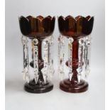 A pair of 19th century ruby glass table lustres, 34cm