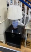 A pair modern Chinese lacquer box chests together with a pair of blue and white table lamps, lamps