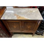 An Edwardian marquetry inlaid marble top washstand, width 72cm, depth 38cm, height 82cm together