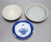 A group of three Chinese ceramics; a Qing Bai style bowl, a Jun style bowl with dragon relief