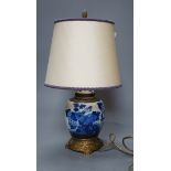 A late 19th century Chinese blue and white crackle glaze jar, now mounted as a lamp, total height