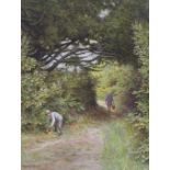 Gabriel Blair (1862-1932), watercolour, 'Children picking blackberries along a lane', signed, 35 x