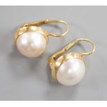 A modern pair of Italian 750 yellow metal and mabe pearl set earrings, diameter 11mm, gross weight