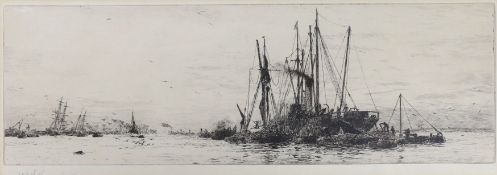 William Lionel Wyllie (1851-1931), drypoint etching, 'Unloading timber', signed in pencil, 11 x