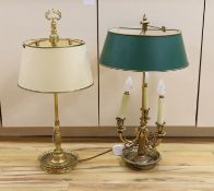 Two large French bouillotte style ornate gilt metal table lamps, tallest 70cm