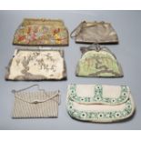 Four hand made evening bags with applice designs, a chain stitch clutch bag and a small bead work