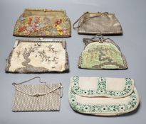Four hand made evening bags with applice designs, a chain stitch clutch bag and a small bead work
