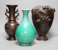 A Chinese green glazed vase with Qianlong seal mark to base and two Japanese bronze vases, tallest