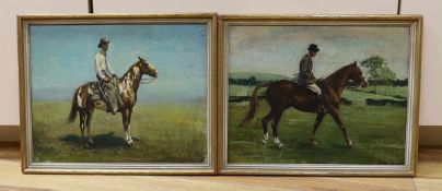 E.M Grant, two oils on canvas board, Equestrian studies, signed, 23 x 29cm