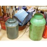 A collection of various toleware items including two canisters, one mounted as a lamp