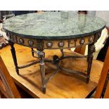 A Louis XVI design circular gilt metal and porcelain mounted marble top coffee table, diameter 84cm,