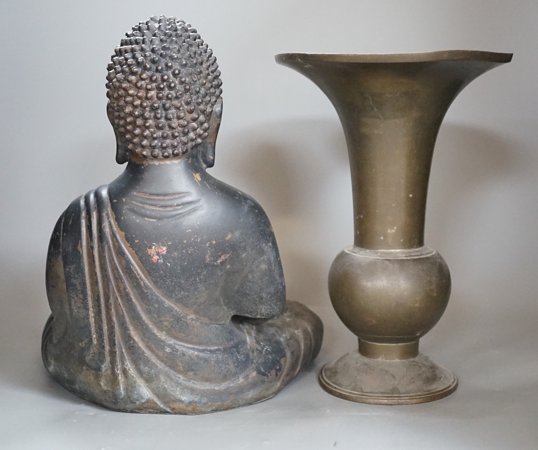 A Chinese bronze seated Buddha and a similar gu vase, tallest 30cm - Image 3 of 3