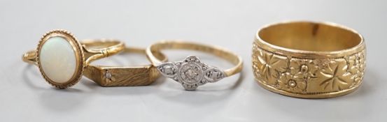 Four assorted 9ct rings, including band, white opal set, diamond chip set and millegrain diamond