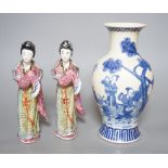 A Chinese blue and white figural vase and two polychrome figures, tallest 24cm