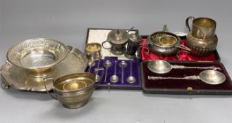 Assorted silverware including an Art Nouveau planished silver tri-handles bowl, Martin, Hall & Co,