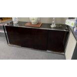 A pair of contemporary chrome and black glass side cabinets, length 200cm, depth 52cm, height 80cm