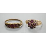 A 19th century 15ct gold, garnet and green stone cluster set ring (stone missing), size N/O, gross