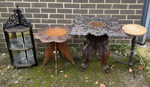 Two Indian carved hardwood occasional tables, a Victorian ebonised corner wall bracket and an
