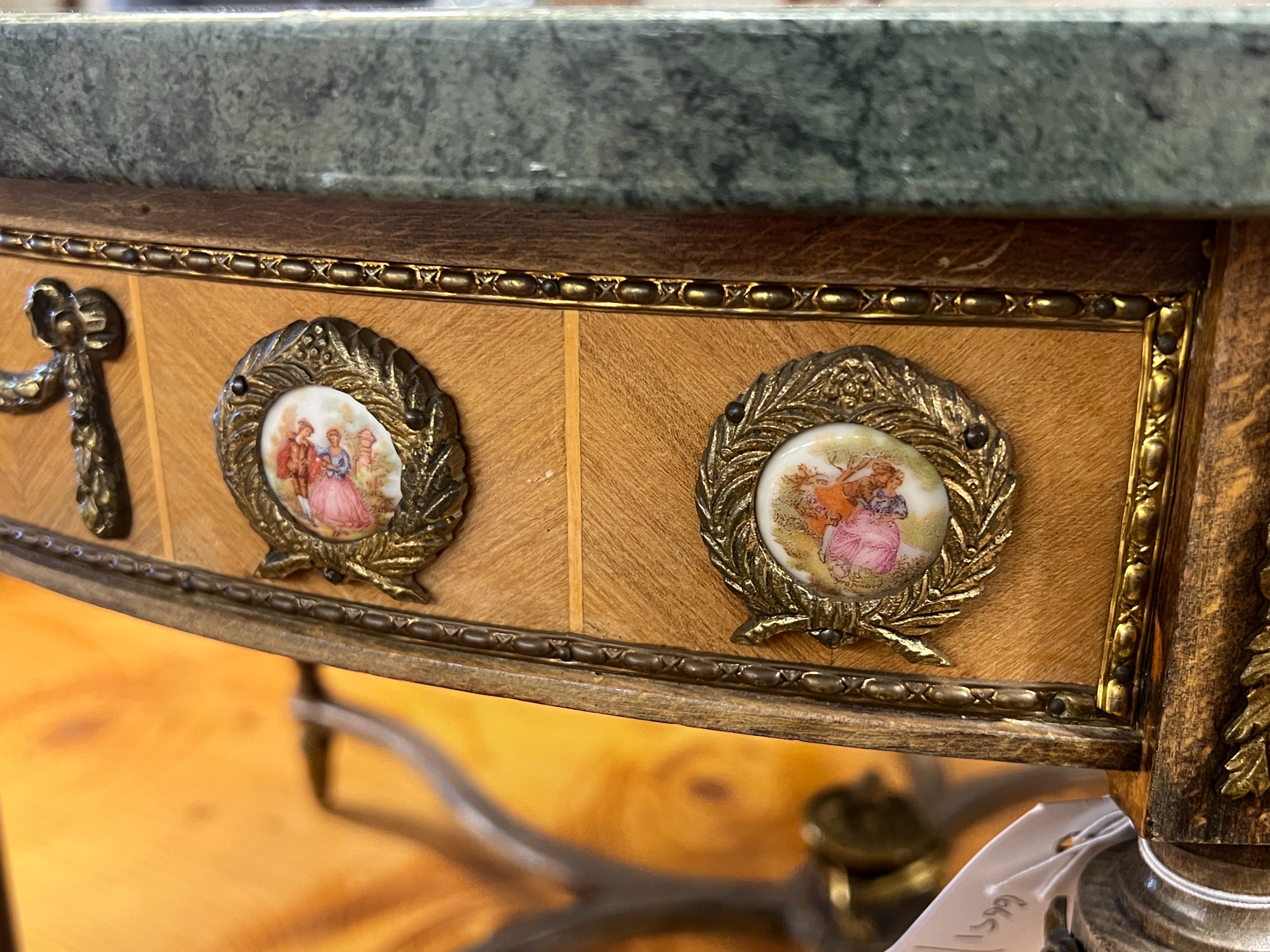 A Louis XVI design circular gilt metal and porcelain mounted marble top coffee table, diameter 84cm, - Image 4 of 5