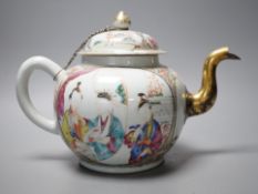 A large Chinese famille rose fencai teapot and cover, Qianlong period, replacement gilt metal spout,