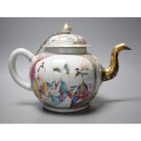 A large Chinese famille rose fencai teapot and cover, Qianlong period, replacement gilt metal spout,