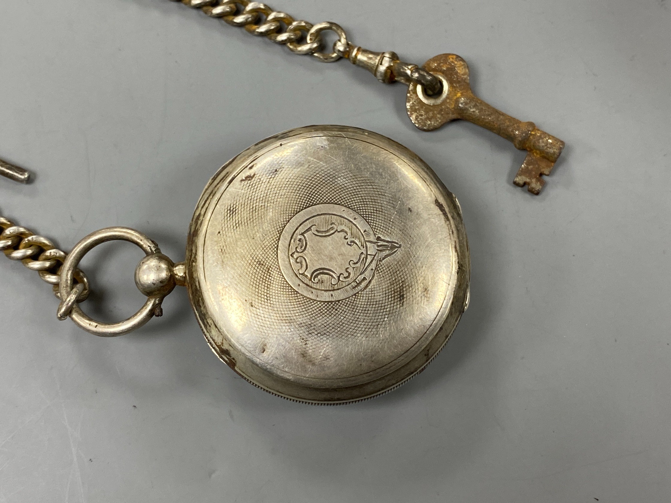 A late Victorian Waltham silver open faced key wind pocket watch, on a silver albert. - Bild 3 aus 3