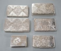 Five similar 20th century Spanish engraved white metal rectangular pill boxes, of varying sizes,