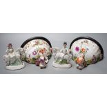 A pair of Dresden porcelain wall brackets and a pair of porcelain horses and riders, 12cm tall