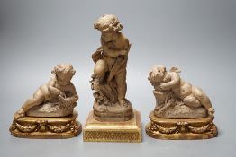 Two 19th century French terracotta cherubs and one other Cupid, after Clodion, all on giltwood