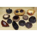 Assorted Chinese wooden stands and a lacquer bowl