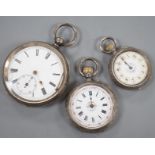 A Swiss 935 white metal open faced pocket watch and two fob watches=, silver a 935 white metal.