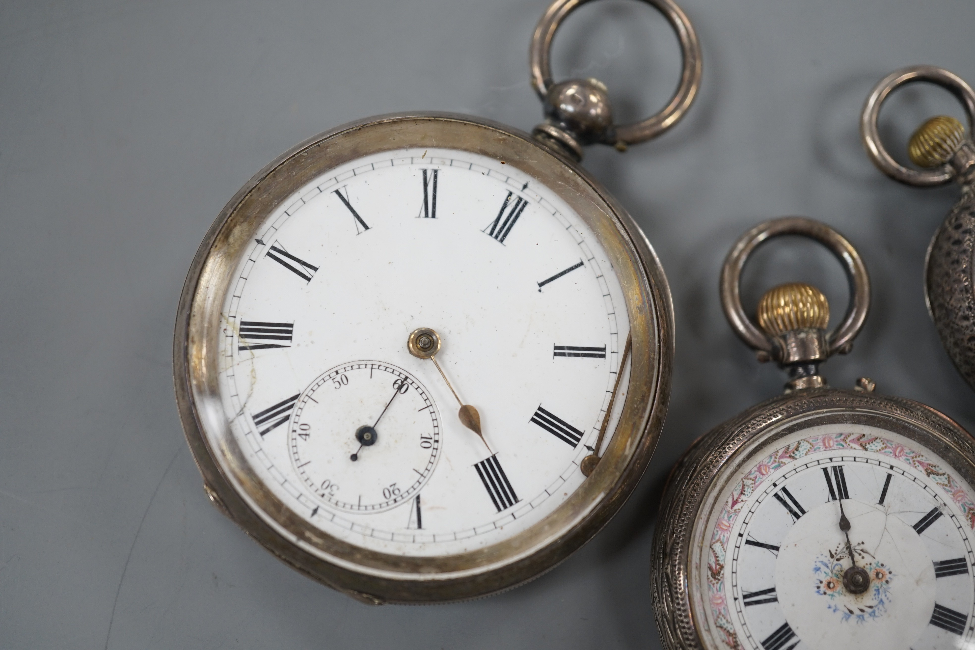 A Swiss 935 white metal open faced pocket watch and two fob watches=, silver a 935 white metal. - Image 2 of 5