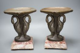 A pair of Art Deco spelter and marble ‘swan’ garnitures, 24cm