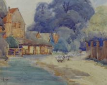 William Hyams (1878-1952), watercolour, Shepherd and flock on a lane, signed, 22 x 28cm