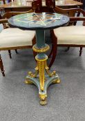 A Regency painted carved giltwood wine table with circular specimen marble top, diameter 45cm,