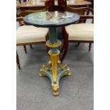A Regency painted carved giltwood wine table with circular specimen marble top, diameter 45cm,