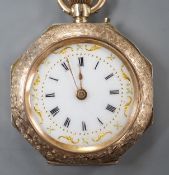 A 1920's 9ct gold and enamel octagonal fob watch, with Roman dial, case diameter 31mm, gross