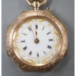 A 1920's 9ct gold and enamel octagonal fob watch, with Roman dial, case diameter 31mm, gross