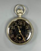 A mid 20th century nickel cased Rolex military issue open faced pocket watch, with black dial,