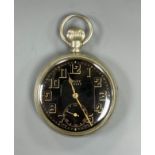 A mid 20th century nickel cased Rolex military issue open faced pocket watch, with black dial,