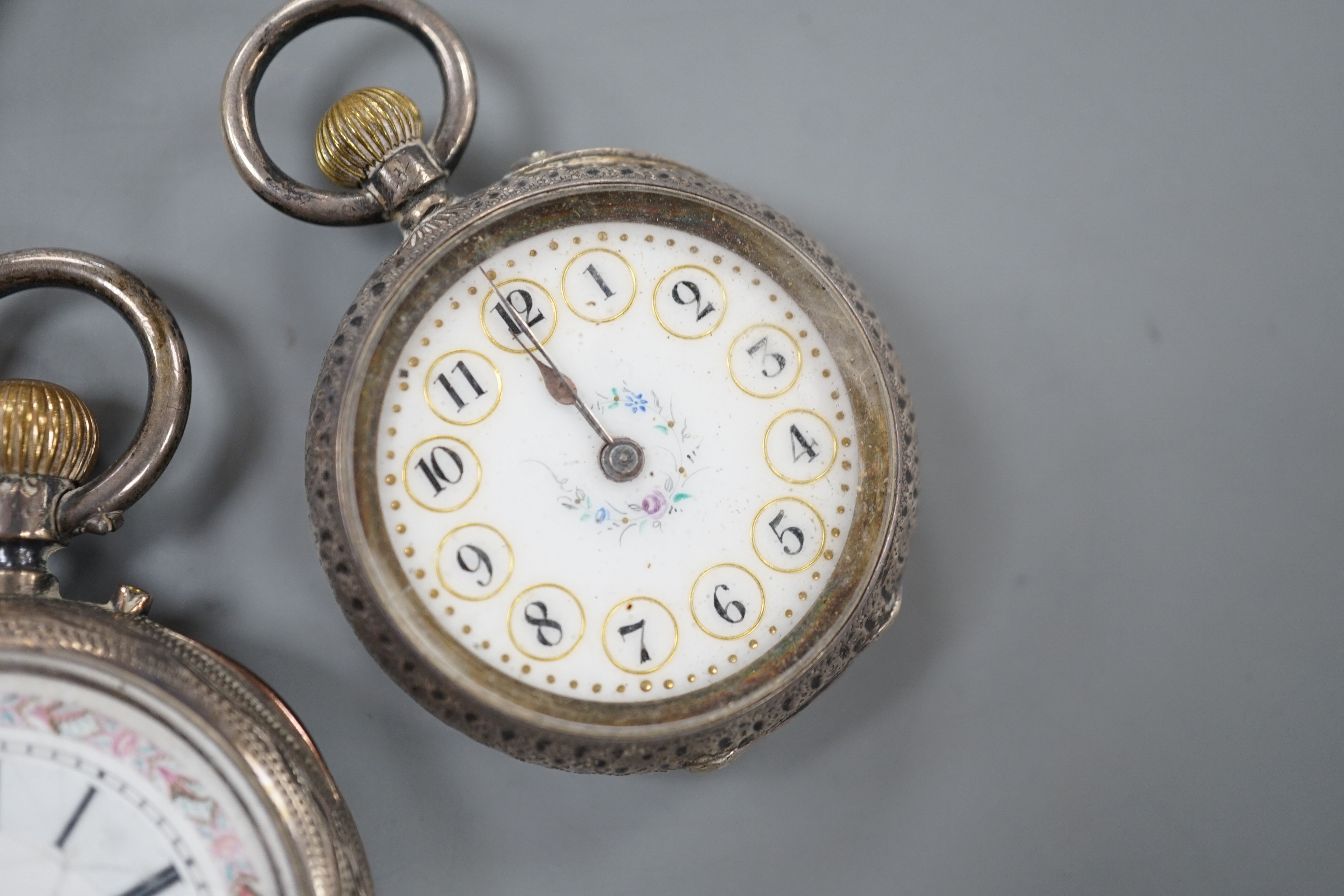 A Swiss 935 white metal open faced pocket watch and two fob watches=, silver a 935 white metal. - Image 4 of 5