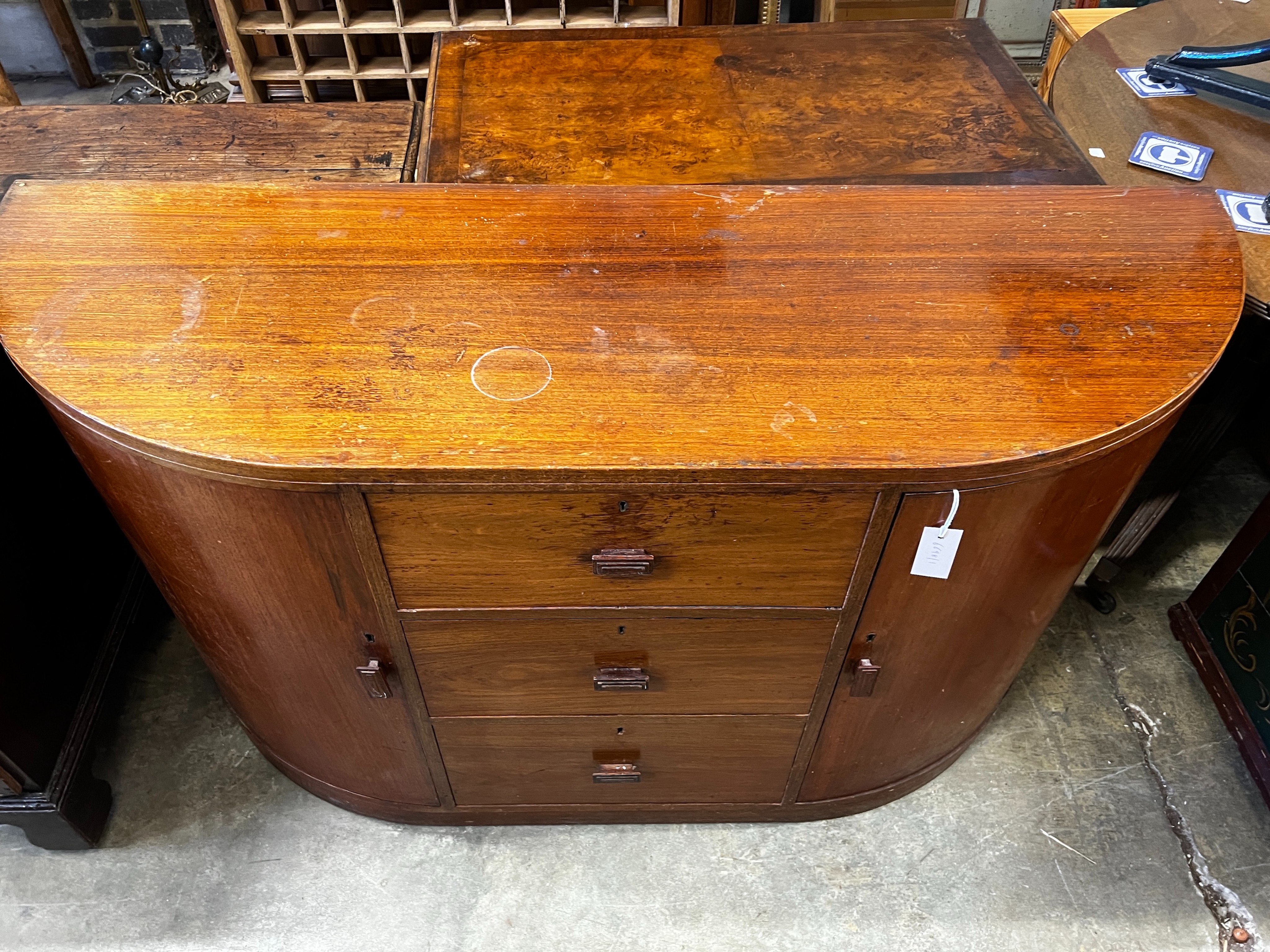 A Betty Joel Token furniture D shaped sideboard, the interior label dated January 1935, width 142cm, - Bild 2 aus 3