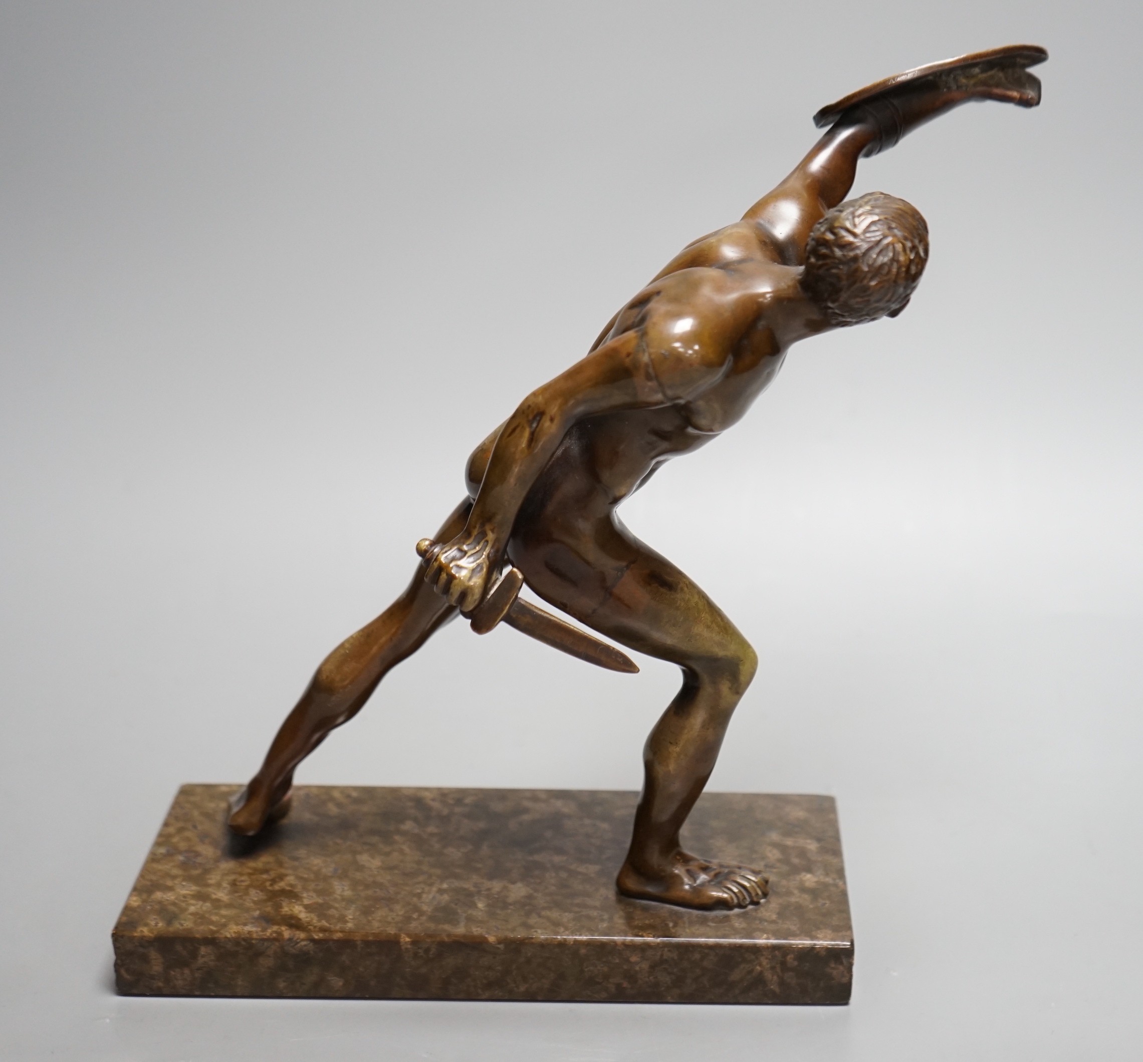 After the Antique, an early 20th century bronze study of the Borghese Gladiator, on marble base, - Image 4 of 7