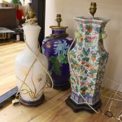 A large Chinese cloisonné enamel table lamp and two other table lamps (3)