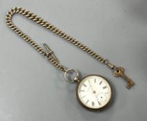 A late Victorian Waltham silver open faced key wind pocket watch, on a silver albert.