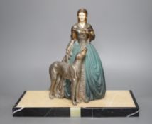 An Art Deco cold painted spelter and composition figure of a lady with a dog, signed R Miandres,