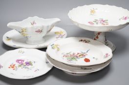 Four Herend porcelain dishes, a comport and sauce boat with integral stand, late 19th/early 20th