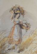 John Frederick Taylor (1802- 1899), Country girl with laden baskets in a cornfield, watercolour,