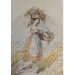 John Frederick Taylor (1802- 1899), Country girl with laden baskets in a cornfield, watercolour,